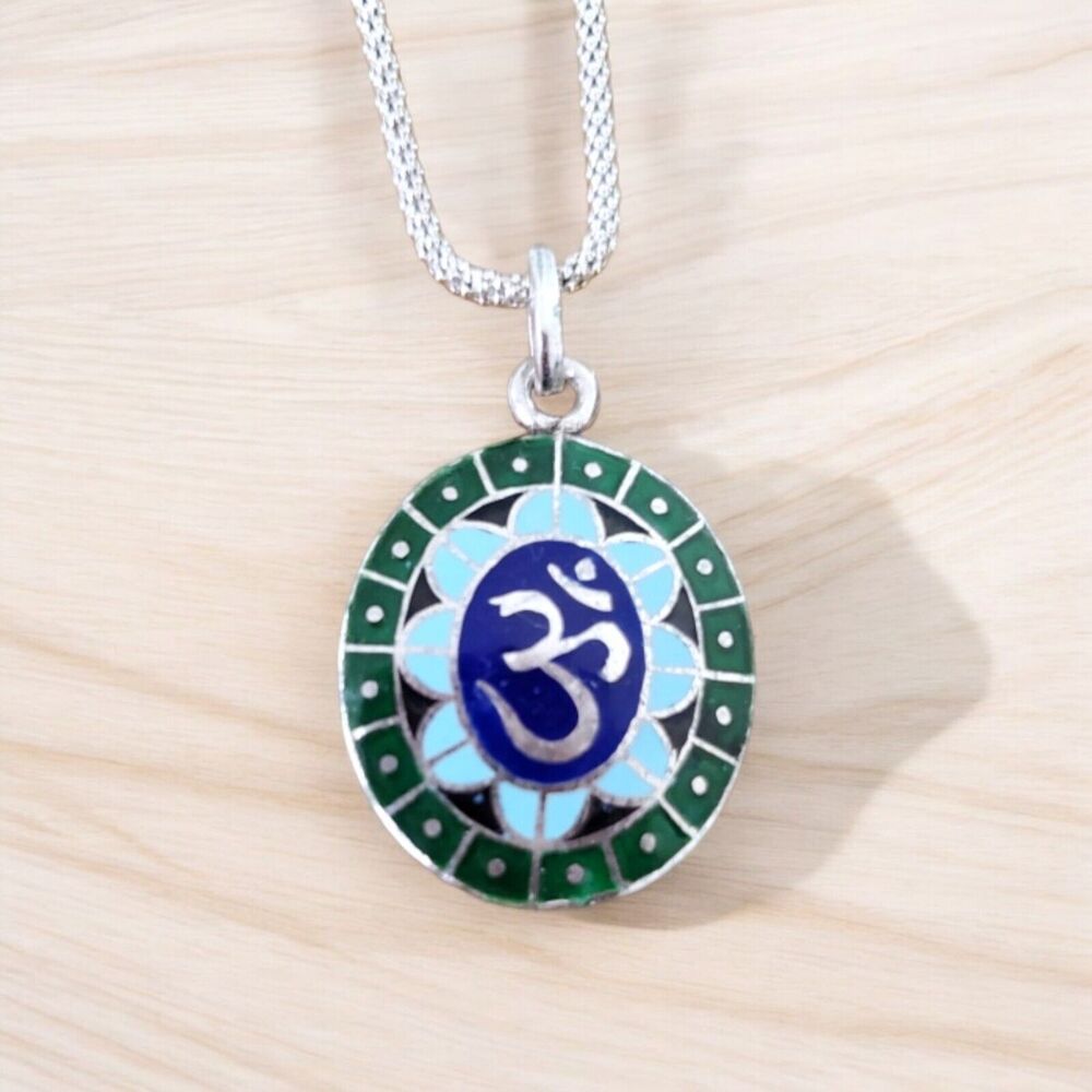 Vintage Sterling Silver Om Mantra Handmade Pendant Enamel With 20" 925 Necklace